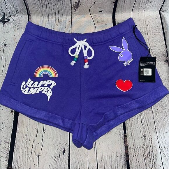 NWT Happy Camper Playboy X PacSun Purple Graphic Sweatshorts Shorts Size Small - Picture 1 of 12